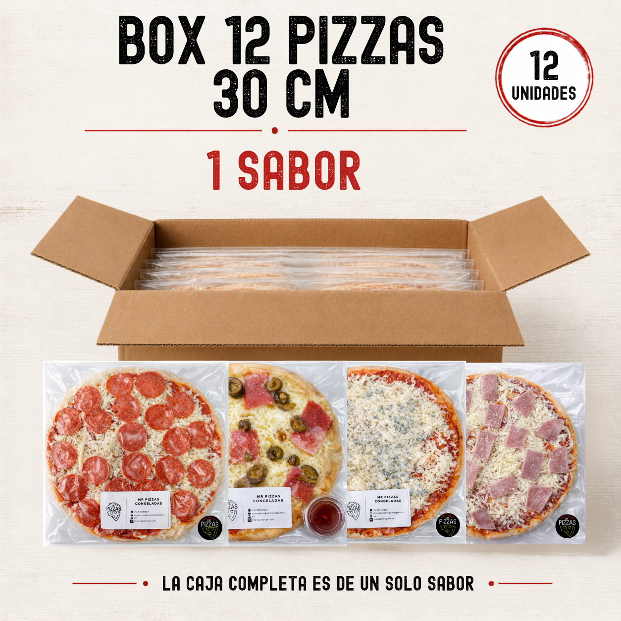 Box 12 Pizzas de 30 cm – Elige 1 Sabor