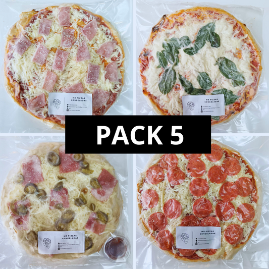 Pack 5 Pizzas Congeladas 30 cm mediana sabores especiales.